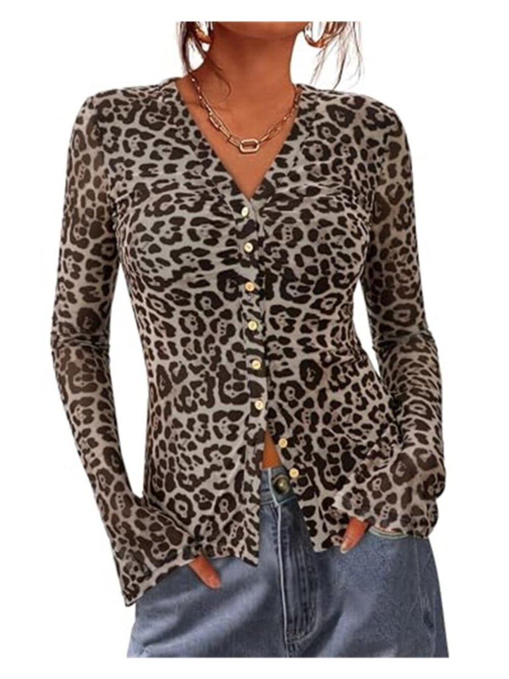 Leopard Mesh Button Down V Neck Long Sleeve Ruched Fitted Boho Blouse Top